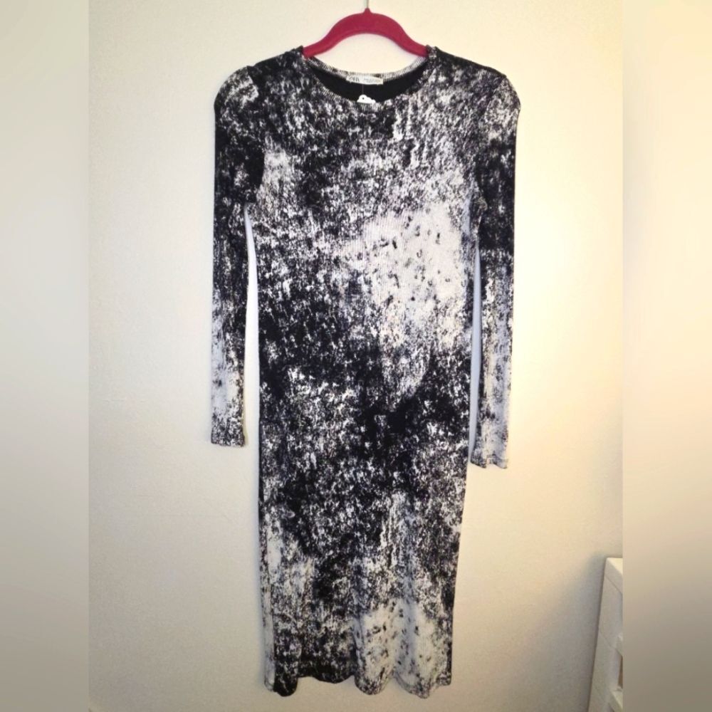 Zara Women Long Sleeve Midi BodyCon Dress Tie-Dye SMALL Marbled Ribbed 90s Urban